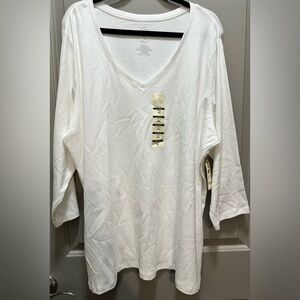 St. John’s Bay Size 3X 3/4 Sleeve V-Neck White Cotton Essential Tee NWT